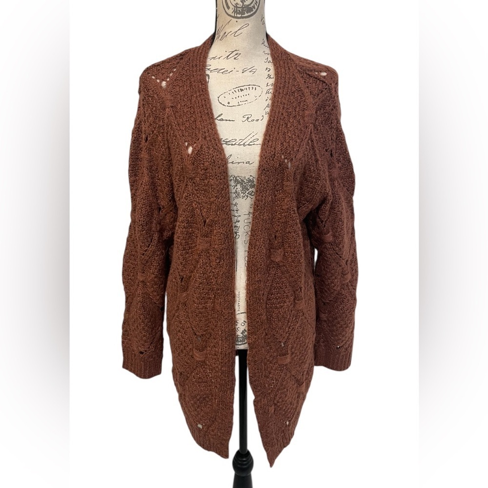 POL Chunky Knit Open Front Cardigan Brown Distressed Oversized Sweater L